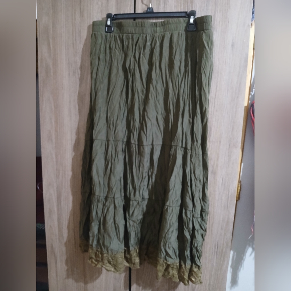 Olive Tiered Maxi Skirt with Lace Hem